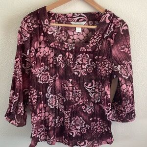 Christopher & Banks floral top with square neckline | burgundy and pink | size L